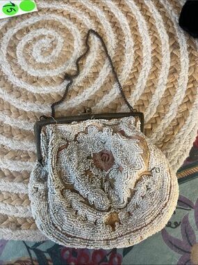 1920s vintage hand Beaded Floral Evening Bag - White & Brown